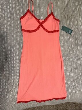 Women's Coral Slip Dress with Red Lace Trim